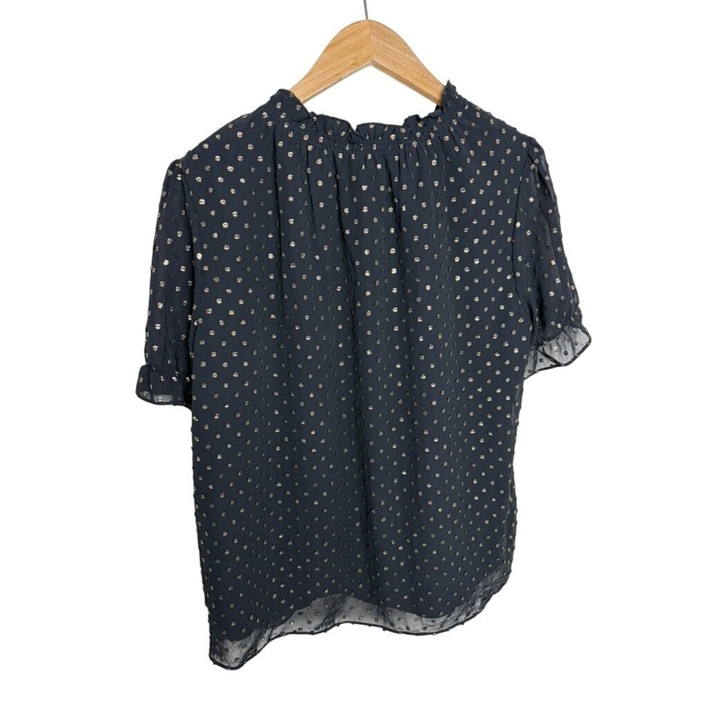 J.Crew Womens Black Gold Metallic Polka Dot Ruffle Neck Blouse Size M NWT - Picture 2 of 4